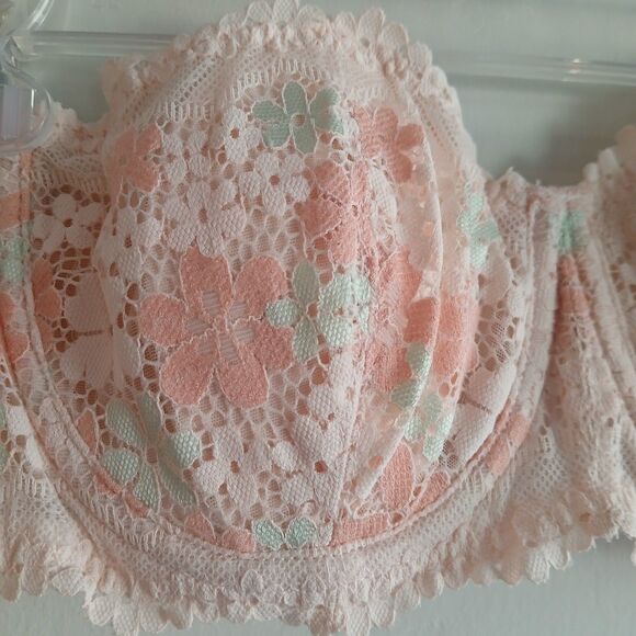 Miss Curiosity Strapless Bra 32B Peach Floral Lace Underwire *Missing Straps - Picture 4 of 7